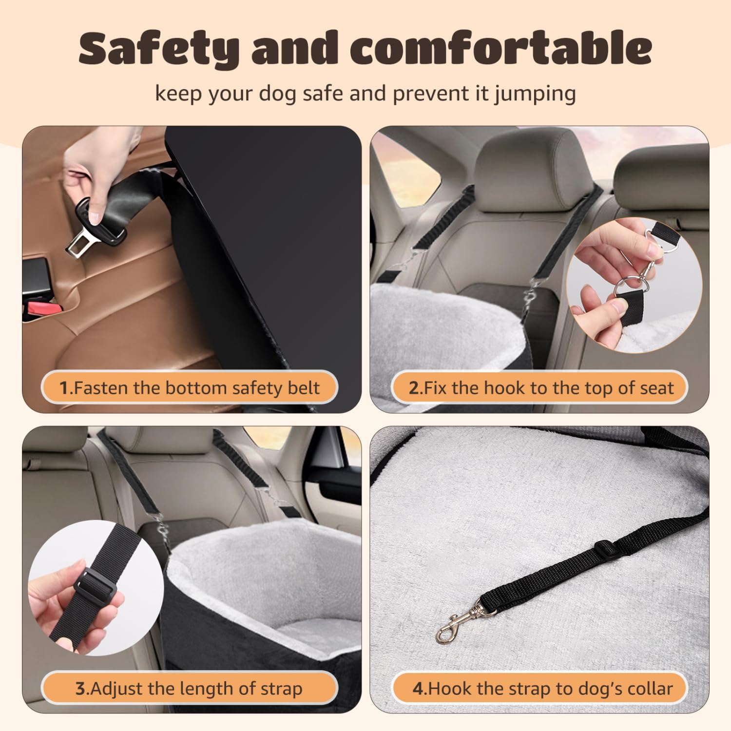 Nobleza Asiento Perro Coche Pequeño, Asiento Elevado para Mascotas con Cojín Grueso y Bolsillos, Cama Perro Coche Lavable para Perros y Gatos, 50 x 50 x 40 cm, Negro