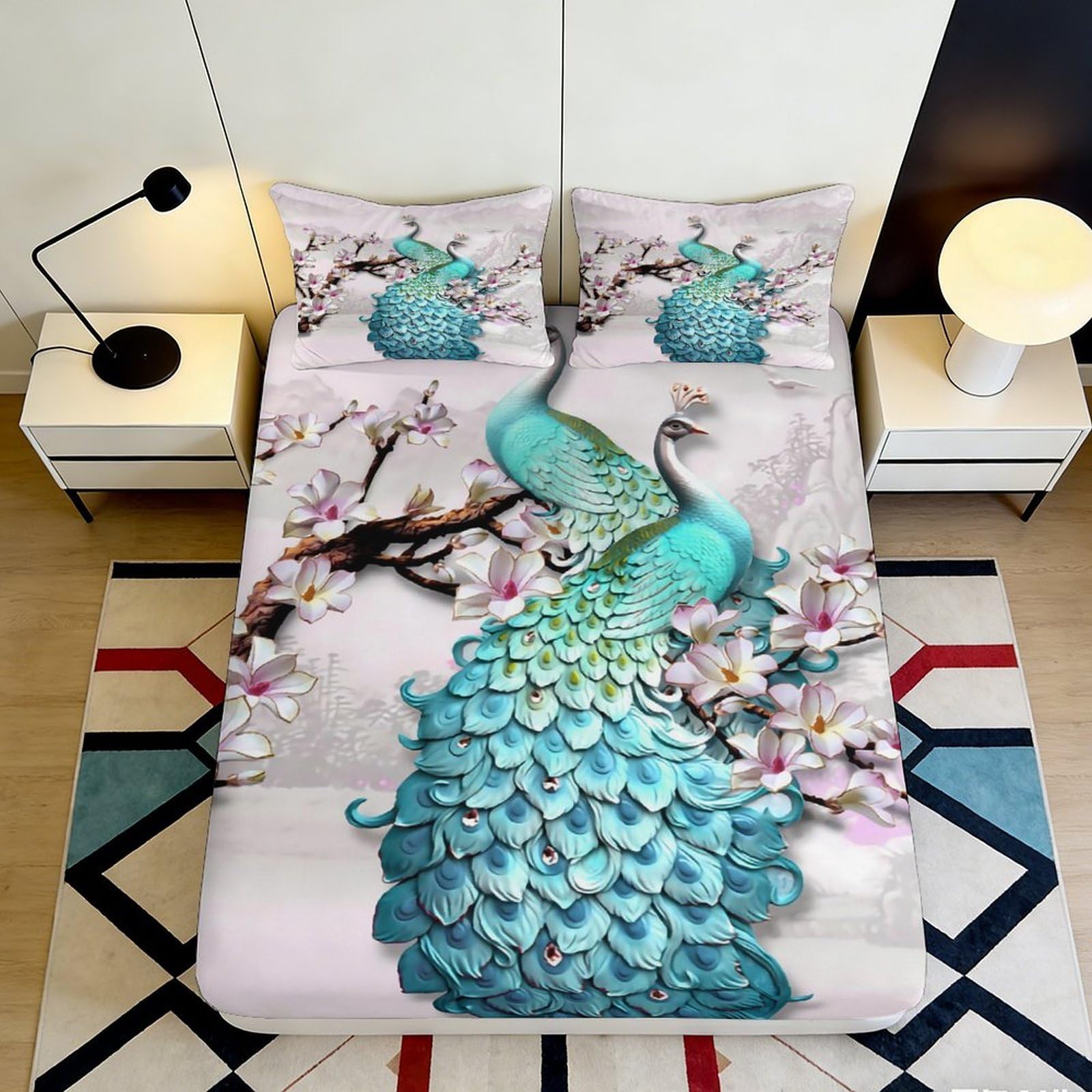 3D Printed Peacock Blossom Fitted Sheet Microfiber Soft Anti-Slip Mattress Cover for Bedroom Guest Room Decor 90x200x25cm