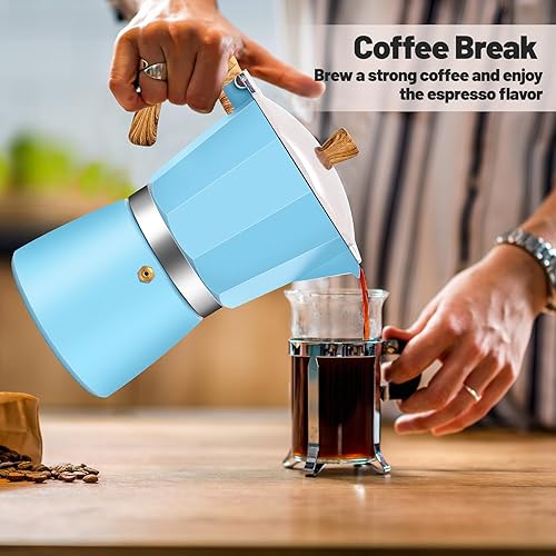 Miniatura 9 de Cafetera clásica de aluminio para 12 tazas, 20.3 fl oz, 20 onzas, cafetera de café moca, olla greca, cafetera para café italiano y cubano, color azul