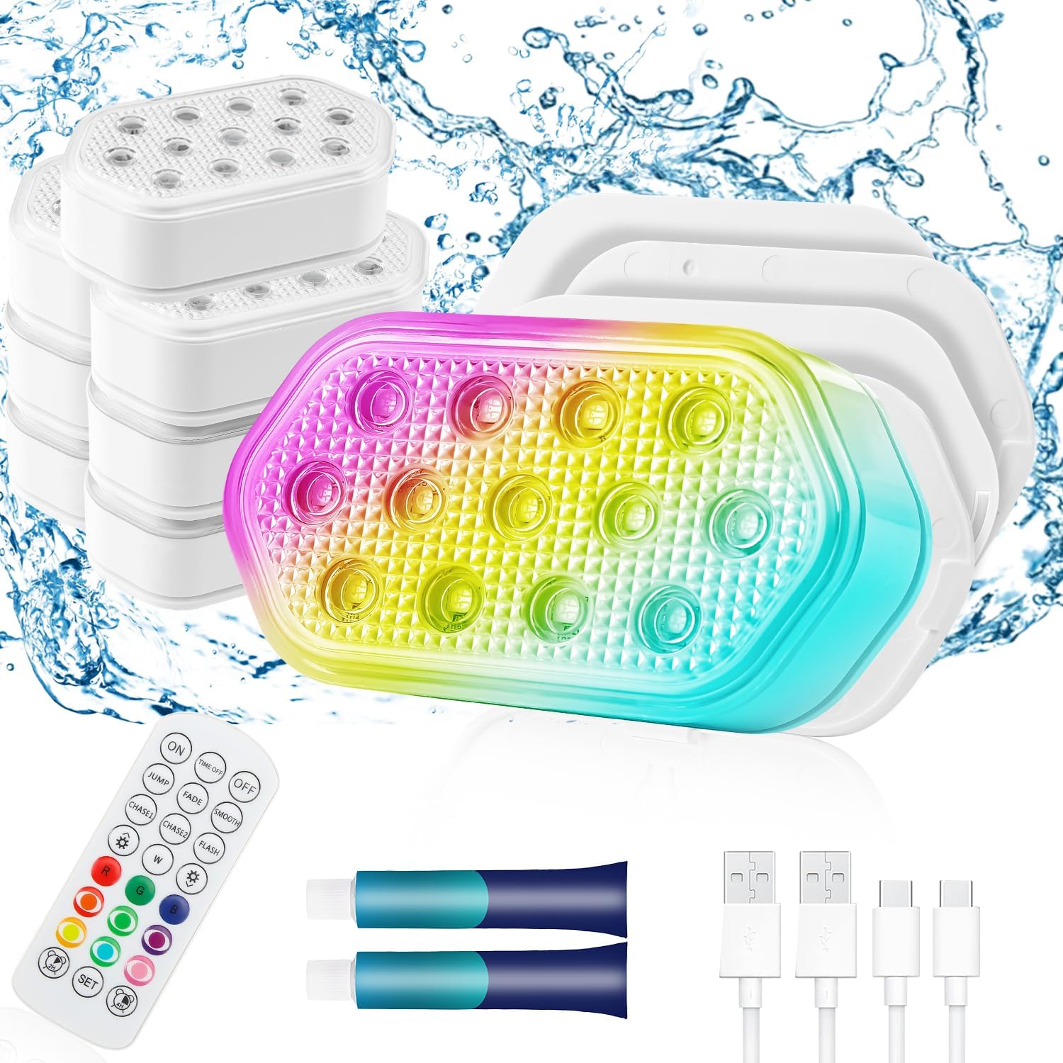 Pool Lights(8 Pack), Rechargeable Submersible LED Lights, Pool Lights for Inground Pool, IP68 Waterproof Lights 16 Color Chase Mode Underwater Light with Rechargeable Remote-