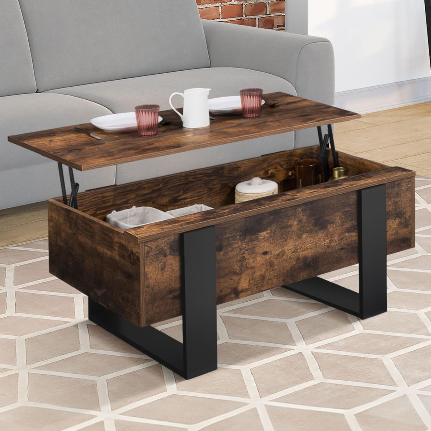 IDMarket - Mesa Baja con Bandeja Elevable Rectangular Phoenix Madera Efecto Envejecido y Negro