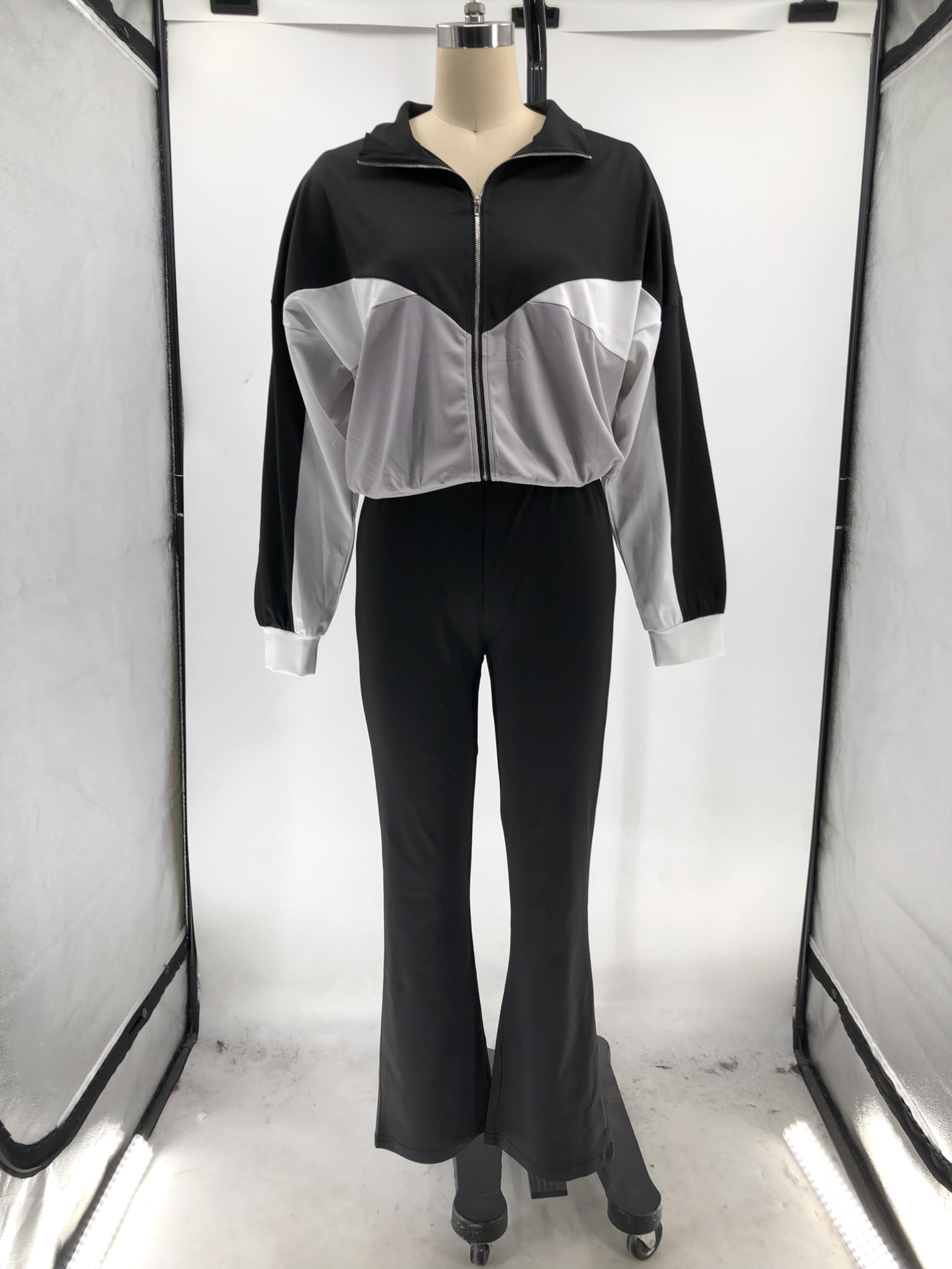 Greabuy Zweifarbiges Sport-Set für Damen, langärmelig, bauchfreie Jacken mit weitem Bein, Lounge-Sweathose, Trainingsanzüge, Sportbekleidungs-Set