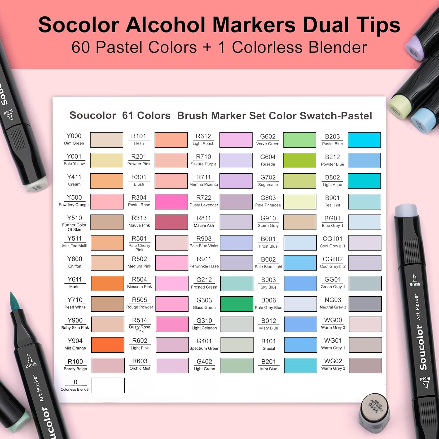 Soucolor 61 Colors Pastel Alcohol Based Markers Set | Professional Dual Tip Art Markers with Brush & Chisel Tips | Includes 1 Blender & Carry Case | For Artists, Adults Coloring, Drawing, Illustration - Image 6