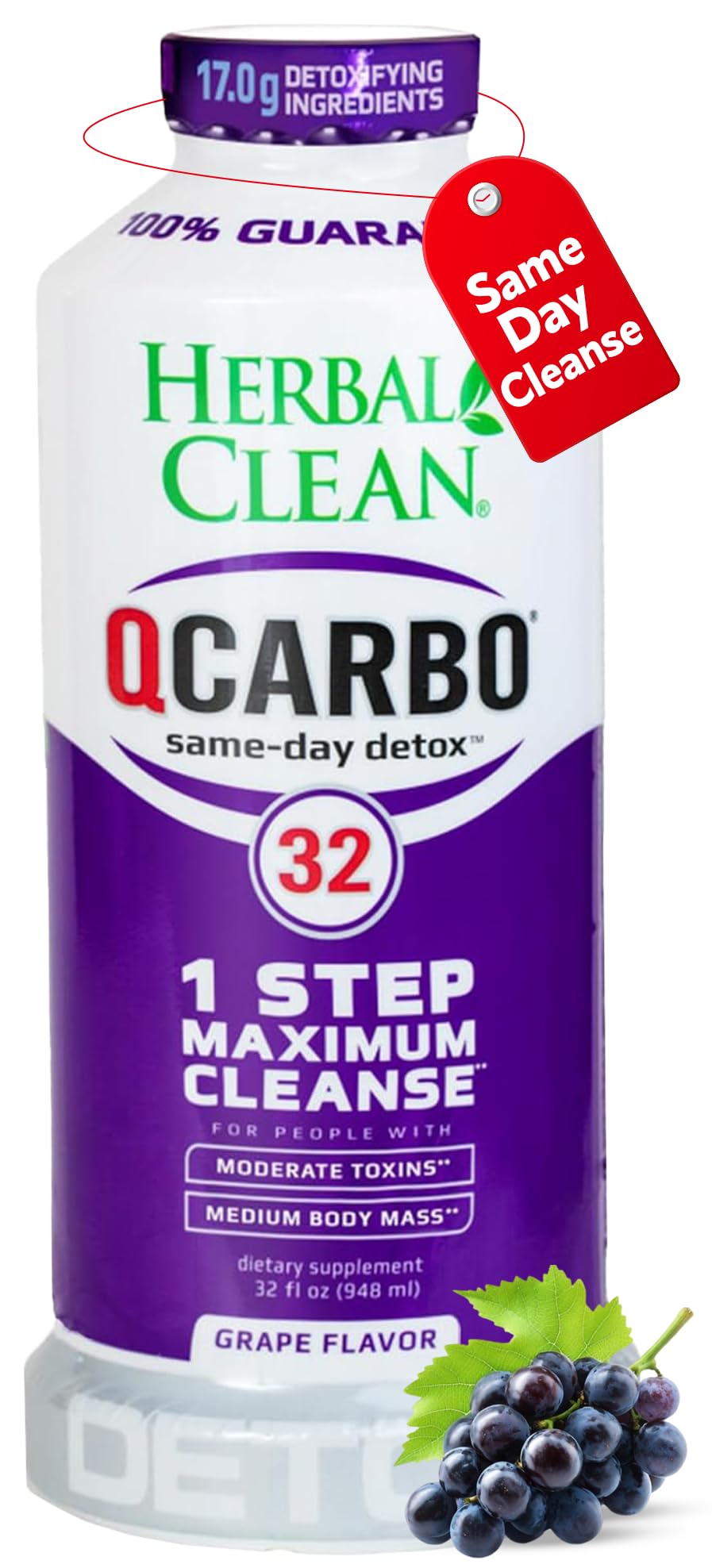 Herbal Clean Qcarbo32 Same Day Detox Cleanse Drink (32 fl oz) - Grape Flavor Full Body Cleanse* Detox Drink for high Toxin Level*, Vitamin B2 and Vitamin B12 for Men & Women