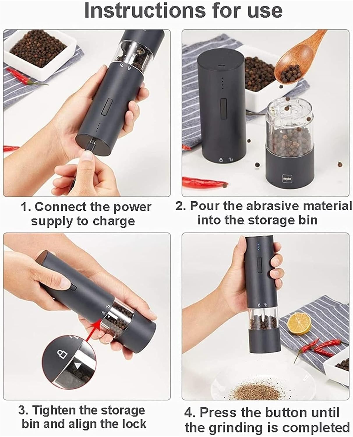 Pepper Mill Grinder Electric Salt And Set USB Charging, For, Dried Herbs, Spices Grinders