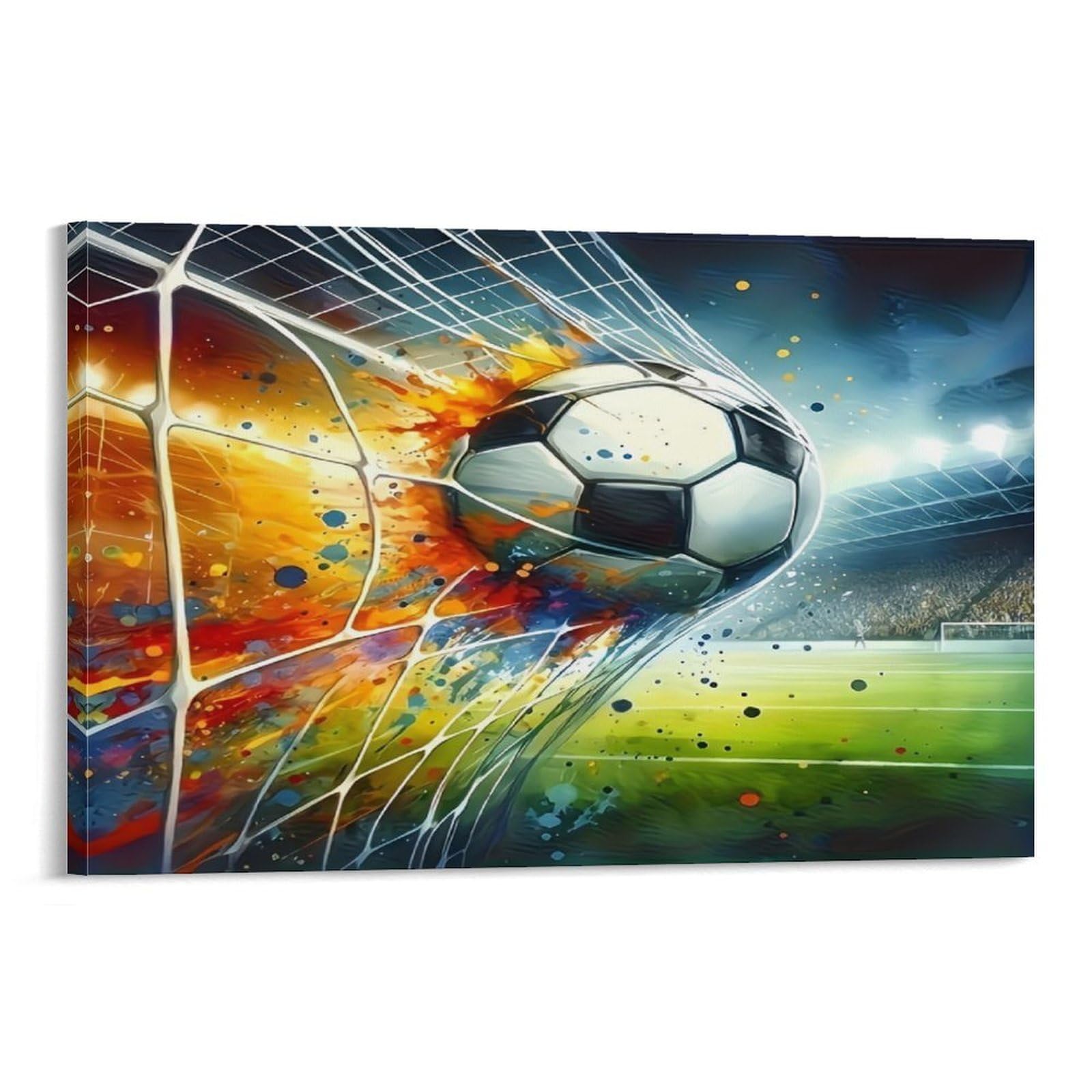 CPLVKWRQJ Soccer Ball Goal Individual Soccer Ball Bursting Into Goal Net Stadium Wall Art Decor - Kitchen Removable Canvas Wall Art Multi-Purpose Focal Point 20x30inch(50x75cm)