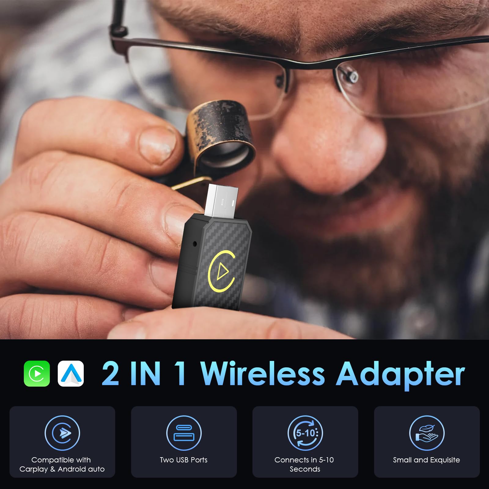 Adaptador inalámbrico para Android Auto & Carplay, Dispositivo inalámbrico 2 en 1 Que Convierte Android Auto/Carplay con Cable en inalámbrico para automóviles con AA y Carplay, USB C/A