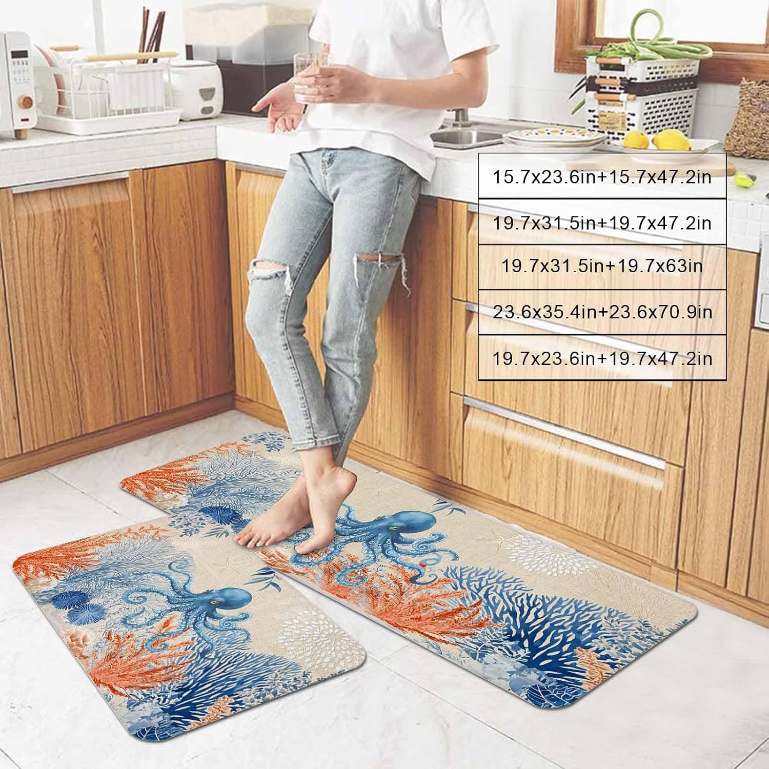 Ocean Octopus Kitchen Mats Set of 2 Summer Orange Blue Sea Animal Corals Rustic Linen Non Slip Mat Washable Floor Rug for Kitchen Sink Floor Laundry, 20"x24"+20"x48"