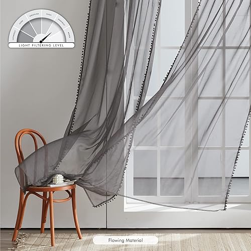 Miniatura 5 de MISS SELECTEX Cenefa corta con pompones para ventana, juego de 2 paneles, cortinas semitransparentes para sala de estar, dormitorio, cortinas