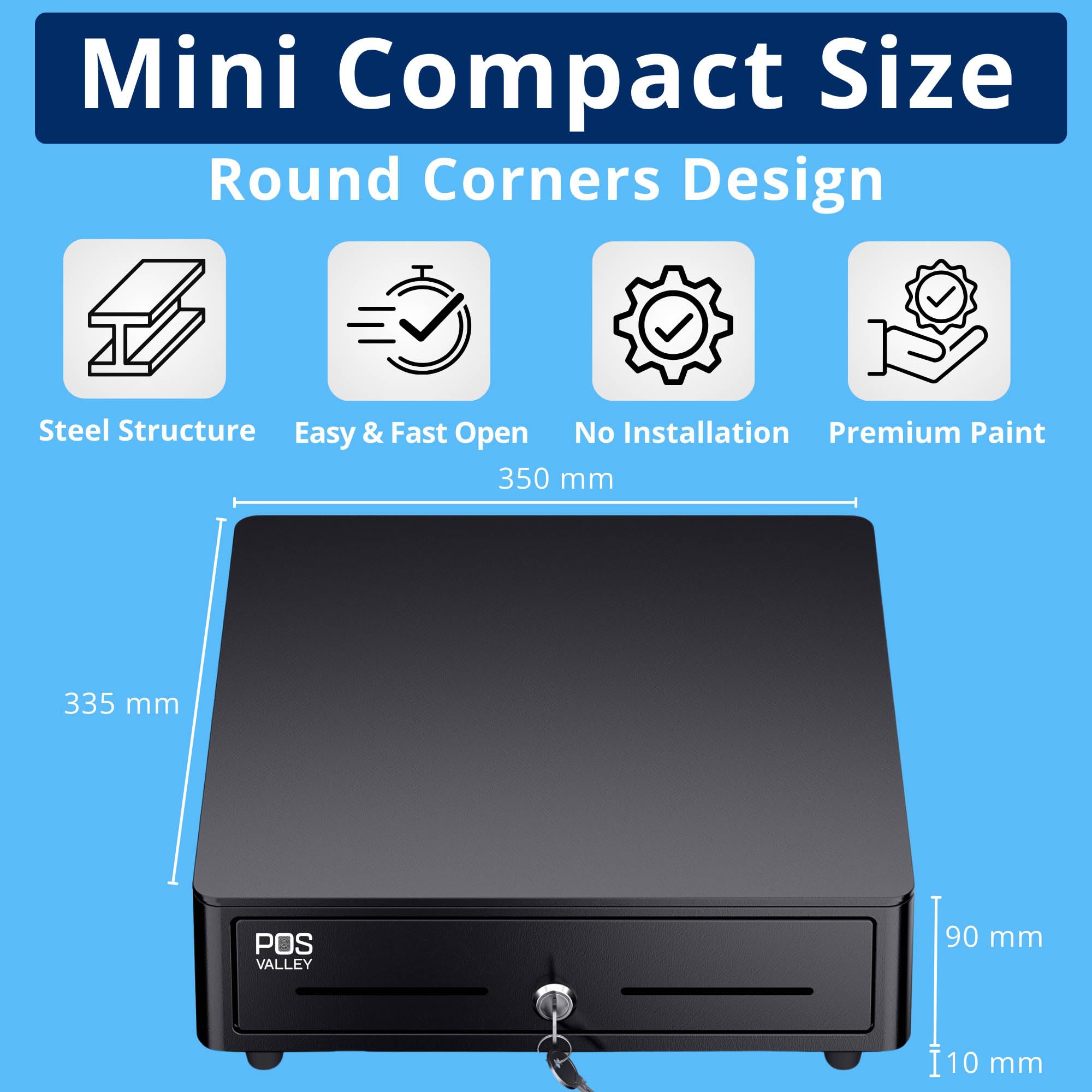 Cassetto Cassa Piccolo Mini In Ferro con Angoli Rotondi, 4 Scomparti Banconote/ 8 Monete (euro), Apertura Automatica RJ11/12, POS Stampante e Registratore di Cassa - 33x35 cm (Nero)