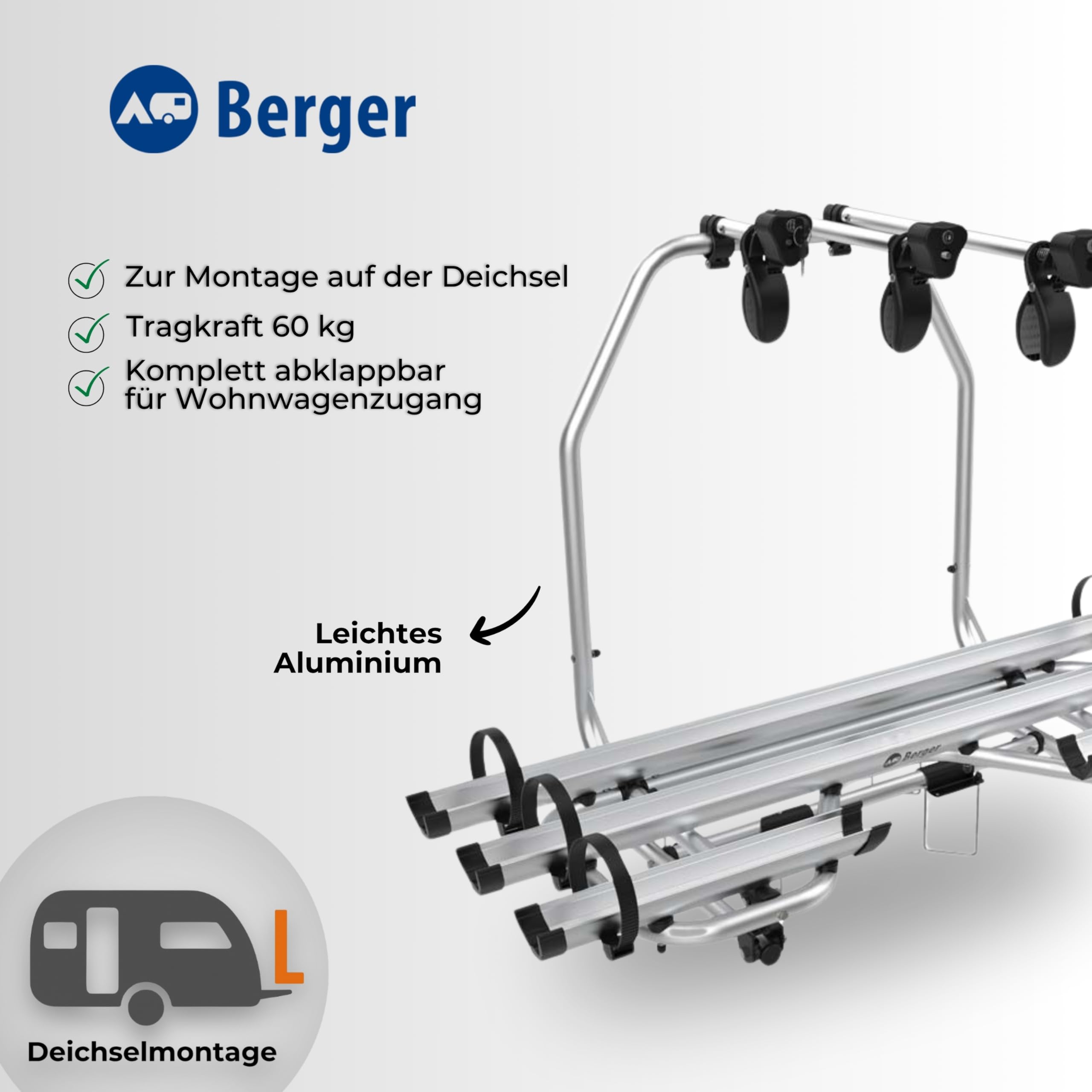 BERGER Fahrradträger Deichsel Wohnwagen | Premium 3XL Deichsel Fahrradträger für 3 Fahrräder bis 60kg Tragkraft | komplett abklappbar für einfachen Zugang zu Wohnwagenöffnungen | inkl. Rahmenhalter