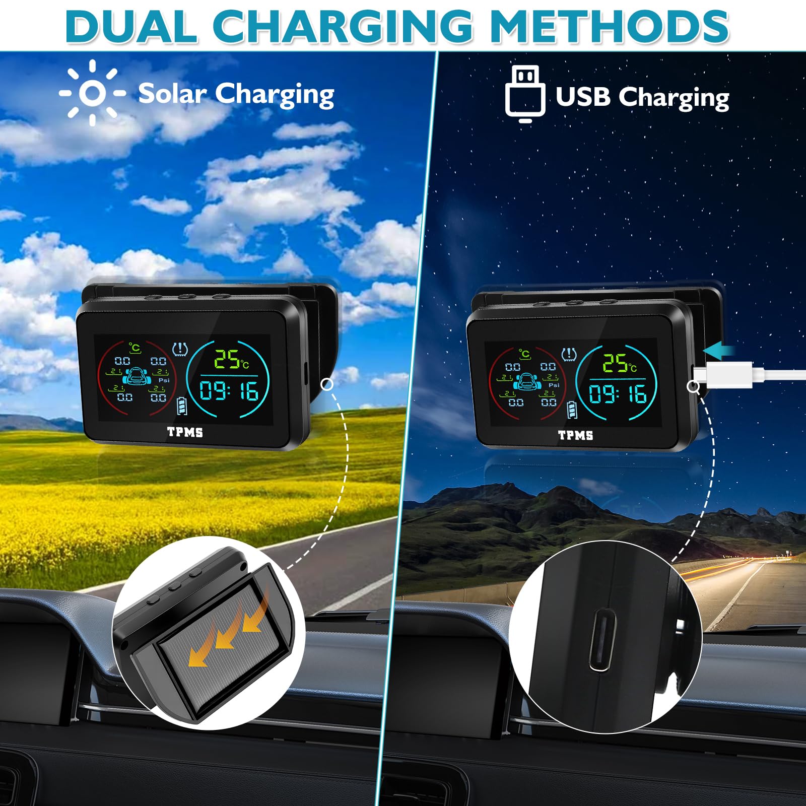 KAOLALI TPMS Sistema di monitoraggio della pressione degli pneumatici, visualizzazione dell'ora e della temperatura TPMS, ricarica solare e funzione di ricarica USB, con 4 sensori esterni di pressione