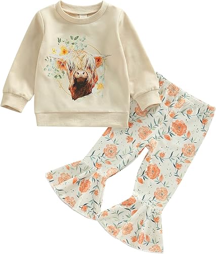 Conjunto casual de sudadera con cuello redondo y pantalones acampanados occidentales para niñas pequeñas, ropa de otoño e invierno