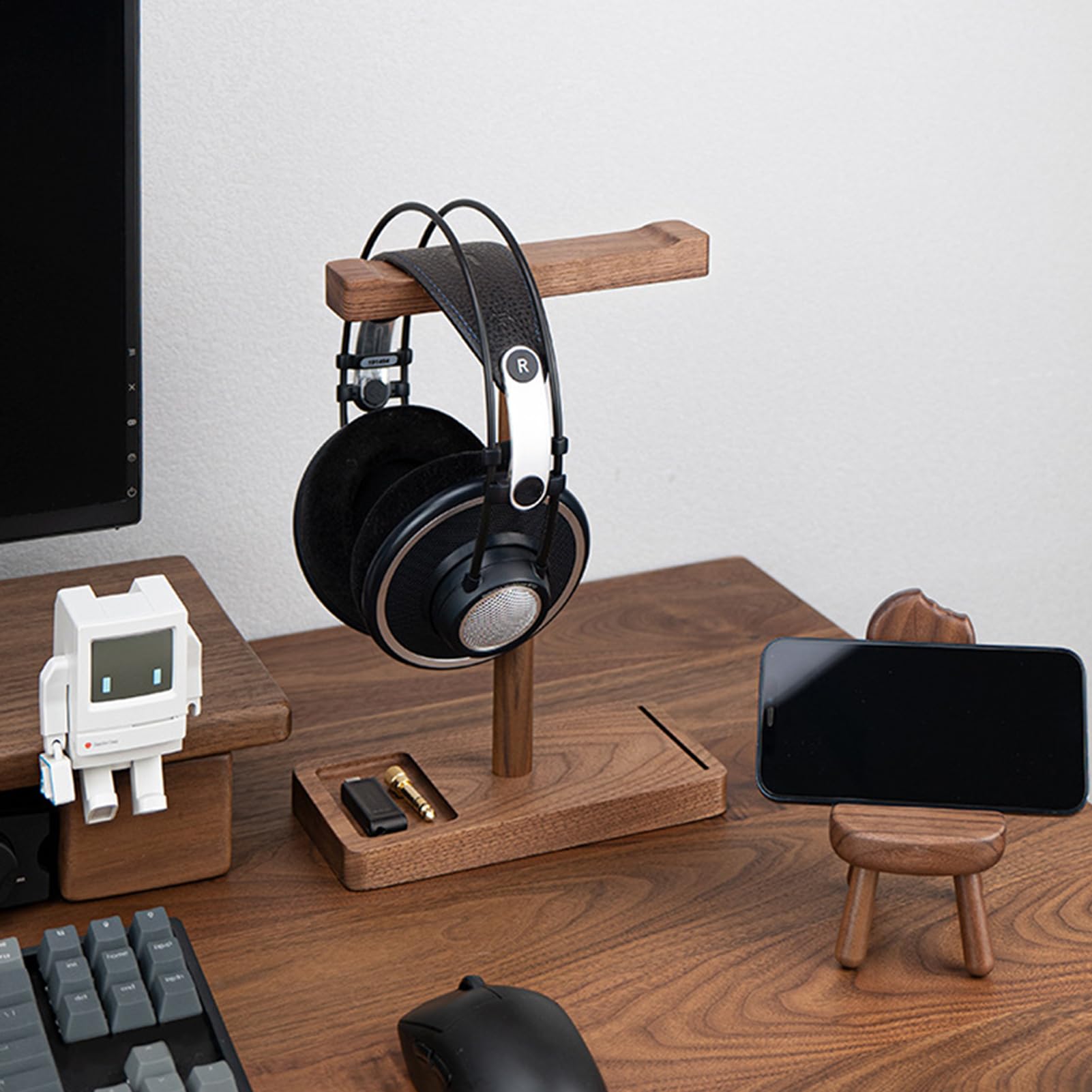 Supporto per cuffie in legno di noce, supporto da scrivania in legno di | noce nero, gancio audio rustico, supporto universale per cuffie, organizer per accessori musicali, antiscivolo stabile