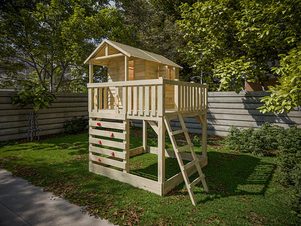 Stelzenhaus Noah Braun Grün, Kesseldruckimprägniertes Kiefernholz Stelzenhaus mit Sandkasten, Veranda, Kletterwand und Leiter, Spielhaus für Kinder Garten, 201 x 216 x 300 cm