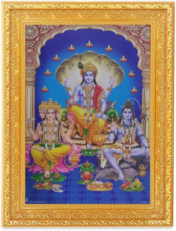 BM TRADERS Bhrama Vishnu Ganesha (Vintage Collection) Beautiful Digital Print Photo In Golden Frame (11.50 x 13.50 Inches) OR (29.21 X 34.29 Cm's) Housewarming Gifting