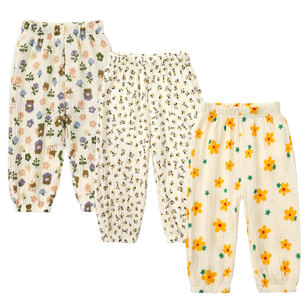 Kids Tales 3 Pack Boys Girls Cotton Linen Pants Child Basic Plain Solid Trousers Big Kids Elastic Waist Long Pants Bloomers