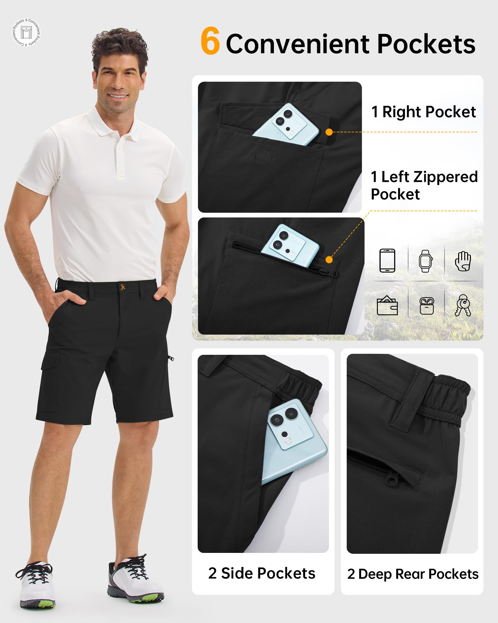 33,000ft Short d'extérieur pour homme avec 6 poches, short de randonnée, extensible, bermuda, short de golf, capri respirant pour la randonnée, le cyclisme