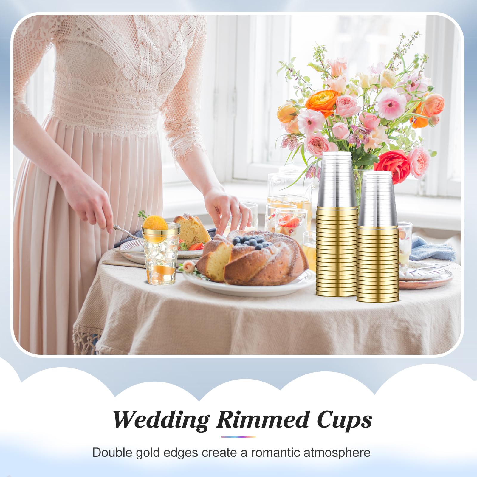Sliner 50 Stück Hartplastikbecher mit doppelfarbigem Rand, transparente Kunststoffbecher, strapazierfähig, ausgefallene Einwegbecher mit Rand, für Valentinstag, Hochzeit, Geburtstage, Babypartys,