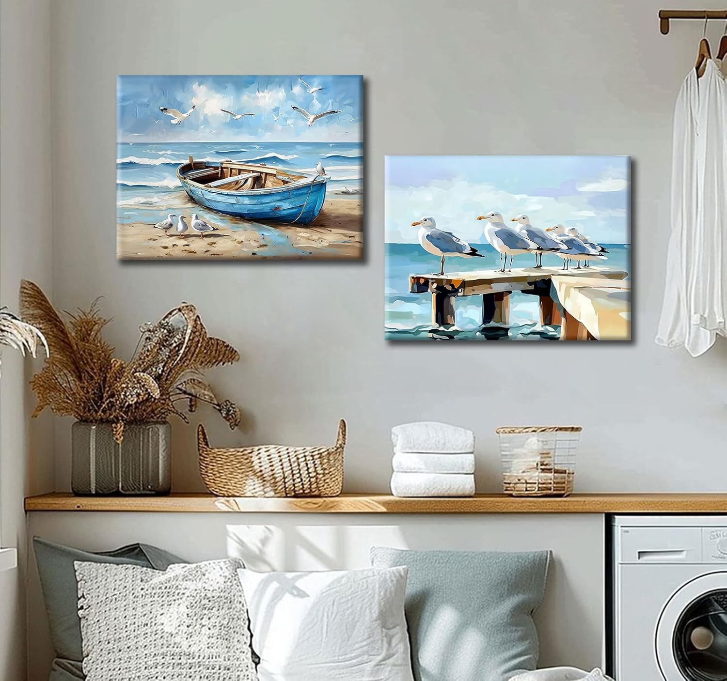 RJETZMU 2 Pcs Seaside Seagull Canvas Wall Art, Coastal Boat and Seagull Picture Print, Gallery Wrapped Ocean Wall Decor for Living Room, Bathroom, Kids Room or Bedroom, 12x16 Inch Ready to Hang