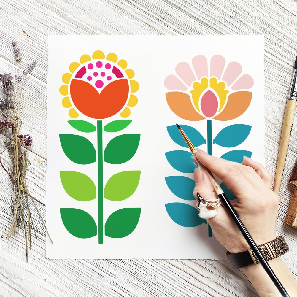 FINGERINSPIRE 6 Pz Stencil a Strisce Lunghe con Pennello 30x15cm Riutilizzabile Motivo Floreale Motivo Folk Art Stencil per Pittura su Pareti, Legno, Tessuto, Mobili, Decorazioni Fai da Te per La Casa