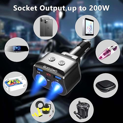 Miniatura 5 de Adaptador de cargador dual para automóvil, 200 W, adaptador de encendedor de cigarrillos doble, divisor de enchufe de encendedor de cigarrillos,