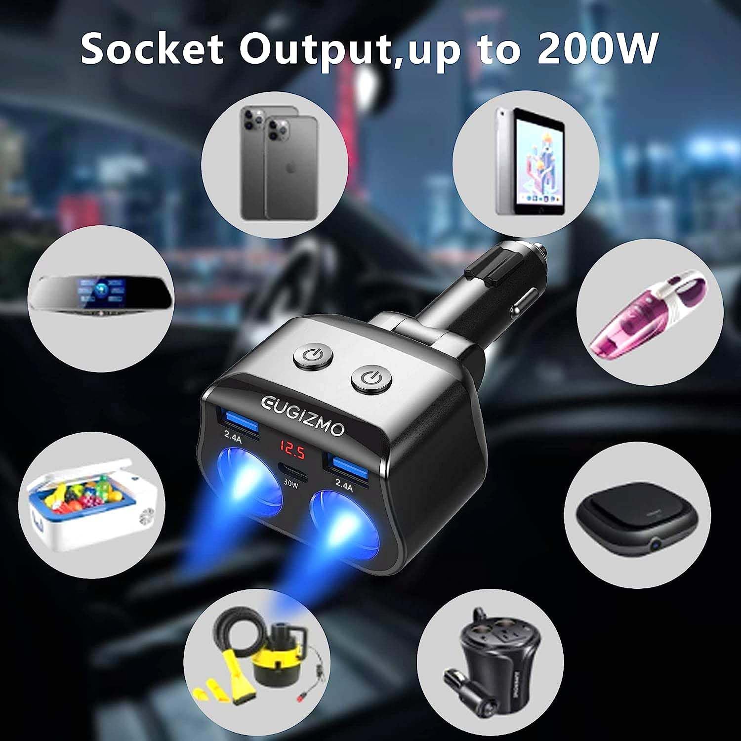 EUGIZMO Adaptador de cargador de coche doble, 200 W, adaptador de encendedor de cigarrillos doble, divisor de enchufe para encendedor de cigarrillos, cargador USB, 12 V, divisor de enchufe para