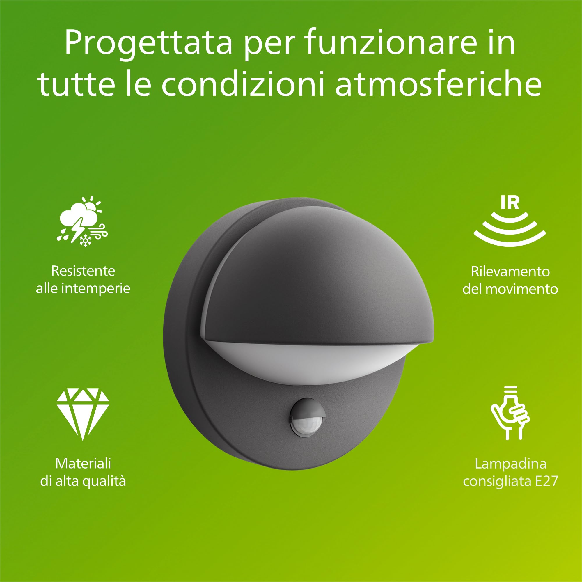 Philips June applique LED, Lampada da Esterno, Resistente a Intemperie IP44, Sensore di Movimento a Infrarossi, Durevole, Alluminio, Design Moderno, Antracite, Lampadina E27 Venduta Separatamente