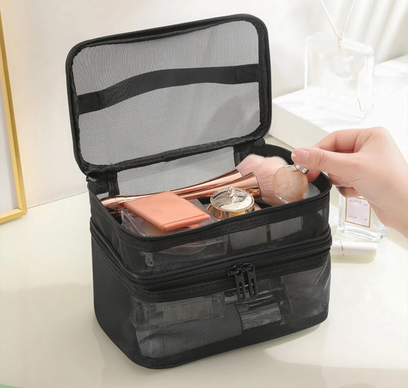 Tosnail Juego de 3 bolsas de malla con cremallera con asa, bolsa de malla negra, bolsa de aseo de viaje, organizador de cosméticos, organizador de cosméticos, organizador de ducha portátil para