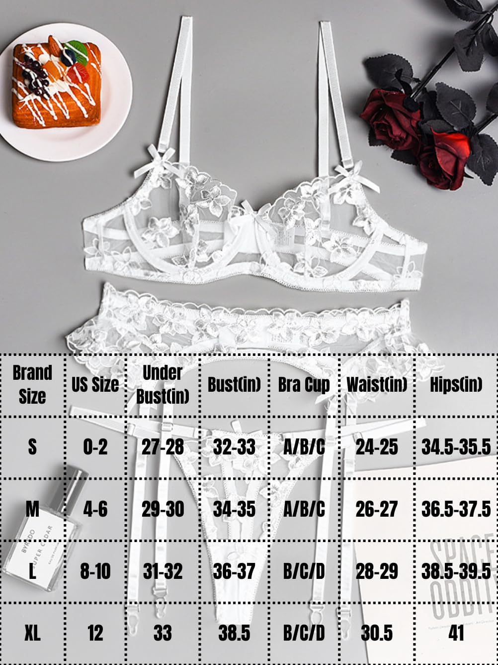 Kaei&Shi Bridal Lingerie,Floral Lace Ruffle Garter Lingerie Set,3 Piece Bachelorette Outfit For Bride Wedding Night Honeymoon - Image 6