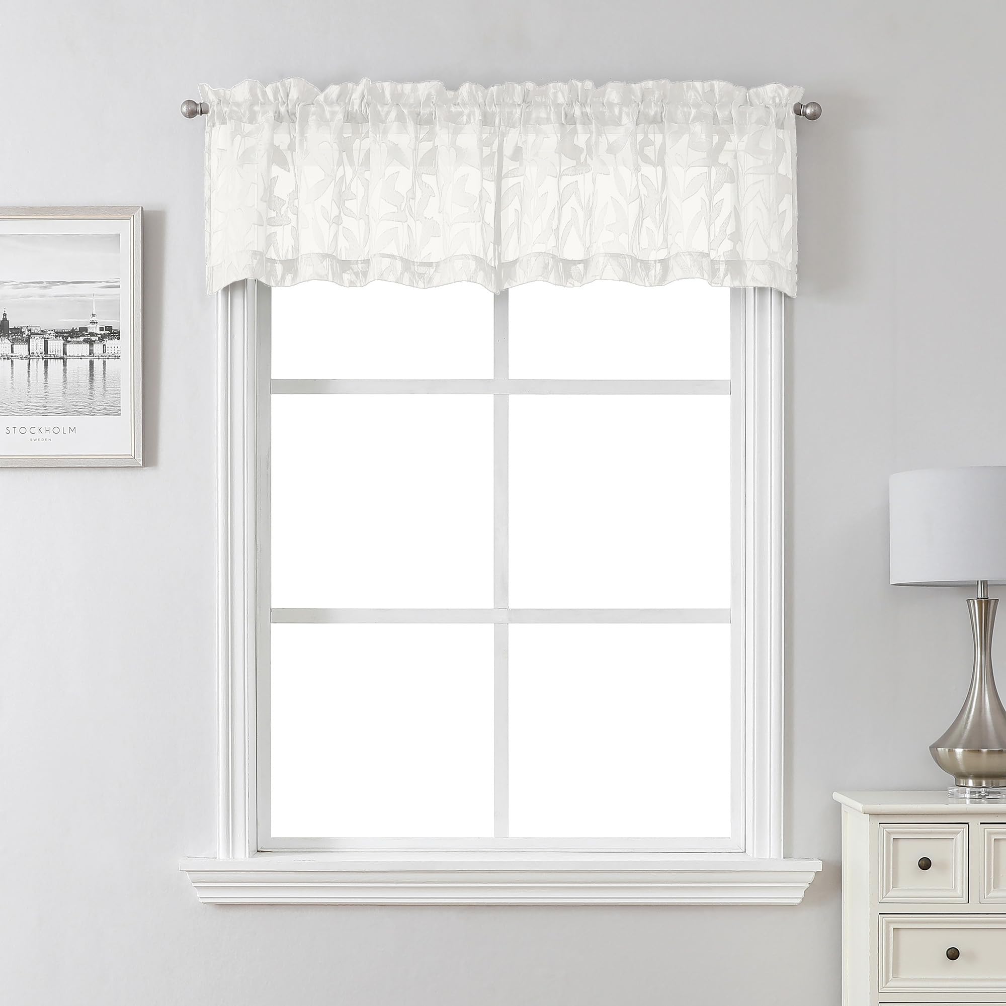 Lecloud Leia Ivory Sheer Valance for Windows 14 Inch Length 2 Pcs, Jacquard Leaf Textured Cafe Kitchen Short Curtains with Dual Rod Pockets, Small Curtain for Living Room Bedroom, 30" W x 14" L