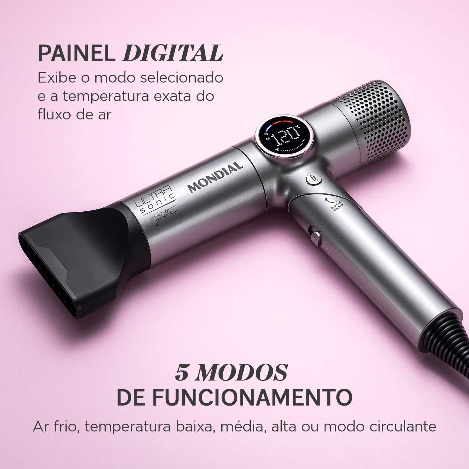 Imagem frontal do secador de cabelo com fundo rosa suave.