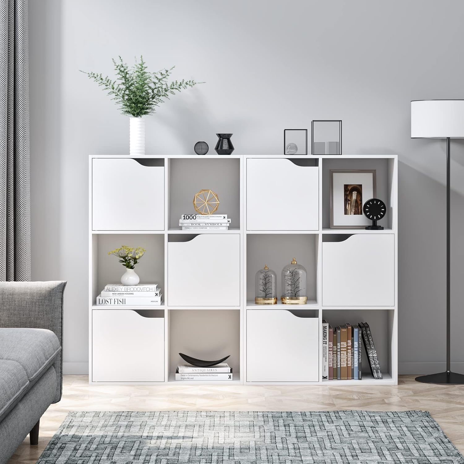 FirFurd Libreria Bianca con 6 Cubi e 3 Porte, Libreria Armadietto 3 Ripiani | Libreria a Cubi｜Scaffale Portaoggetti per Libri｜Mobiletto Multiuso Salvaspazio｜per Casa,Soggiorno,Ufficio｜60x90x29cm｜Bianco