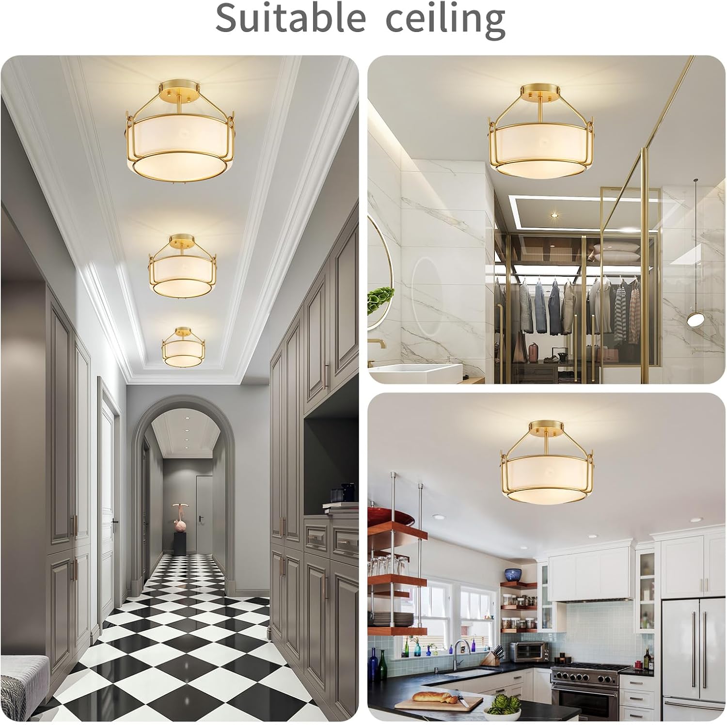 WUZUPS Chandelier 3-Light Semi-Flush Mount Ceiling Light Frosted White Glass Shade Modern Lighting Fixture for Diningroom Hallway Kitchen Bathroom, H 10" x W 14.8", E12 Base, Gold