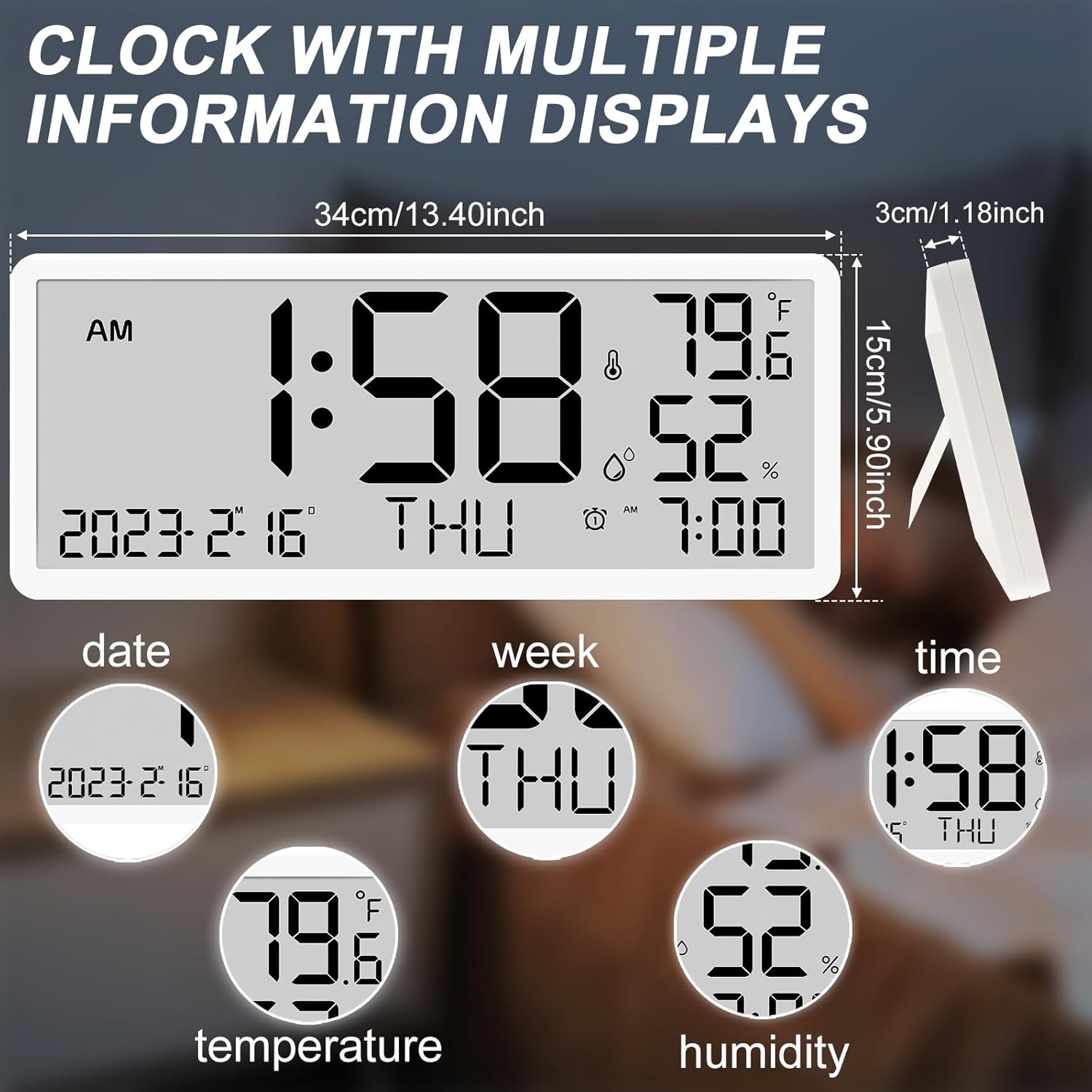Large Digital Wall Clock, Large Display Wall Clock, Digital Clock with LCD Screen Battery Powered with Day Time Date Humidity Temperature Alarm for Home Office (White)