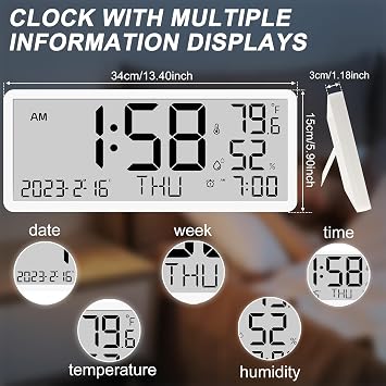 Large Digital Wall Clock, Large Display Wall Clock, Digital Clock with LCD Screen Battery Powered with Day Time Date Humidity Temperature Alarm for Home Office (White)