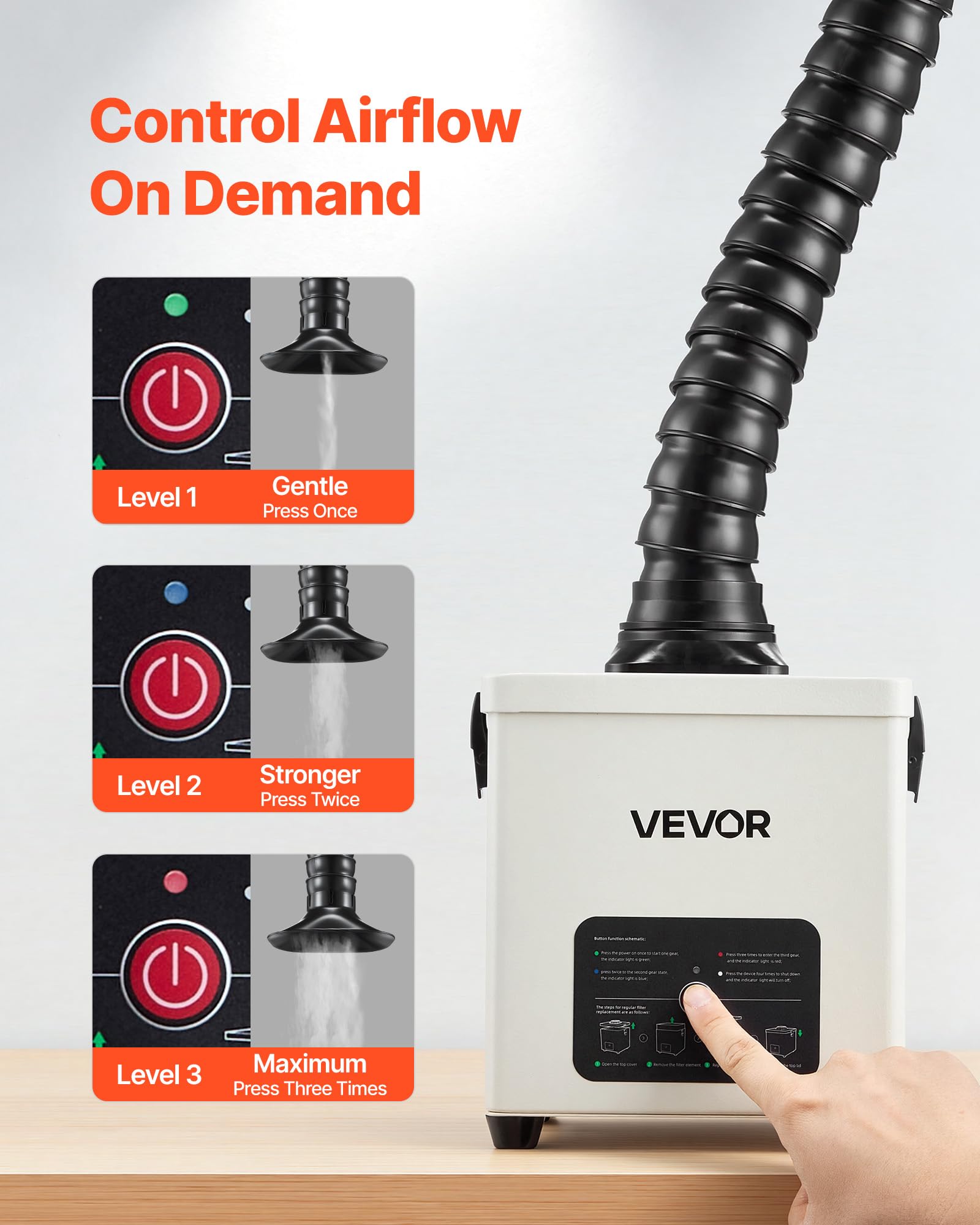 VEVOR Extractor de Humos de Soldadura 43 W, Sistema de Filtración de 3 Etapas, Flujo de Aire de 180 m³/h, Absorbedor de Humos de Soldadura con Motor sin Escobillas, Manguera Flexible de 360°