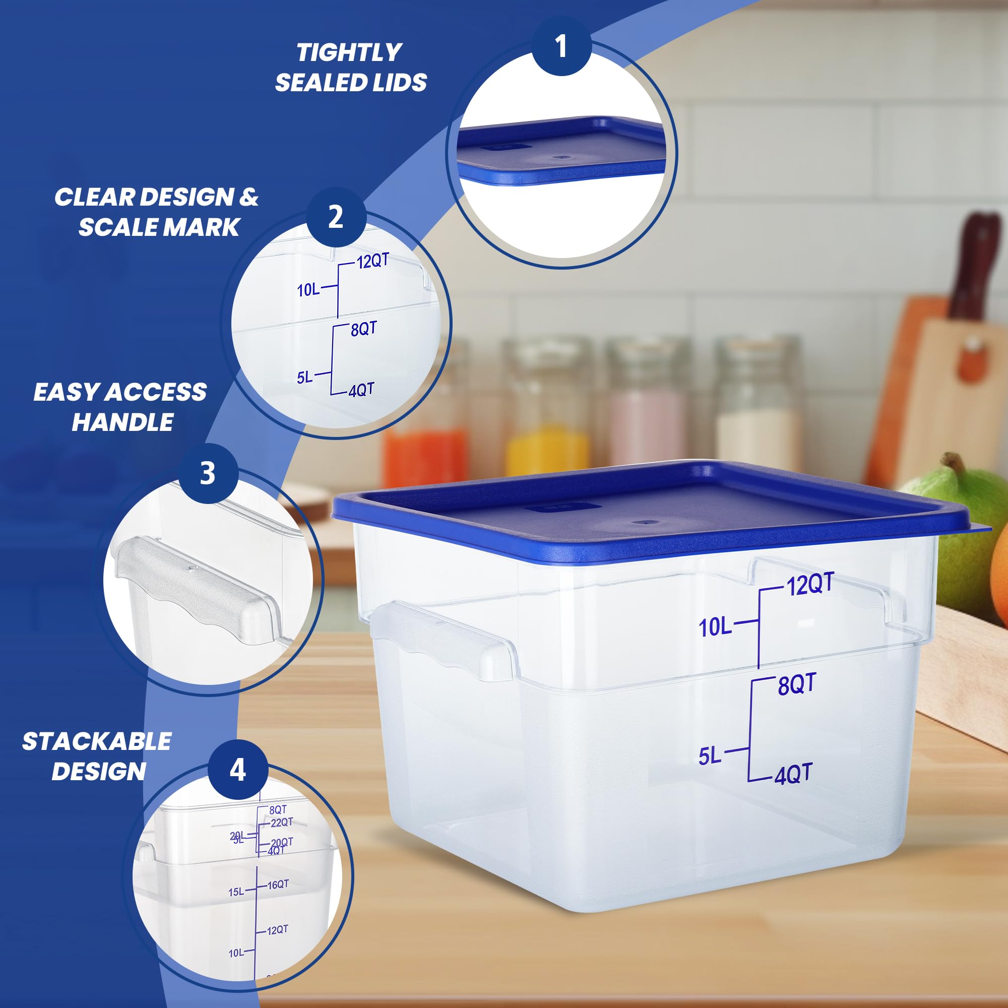 Paquete de 4 recipientes de almacenamiento de alimentos de 12 cuartos de galón con tapas, recipientes cuadrados de policarbonato para alimentos, NSF, transparente