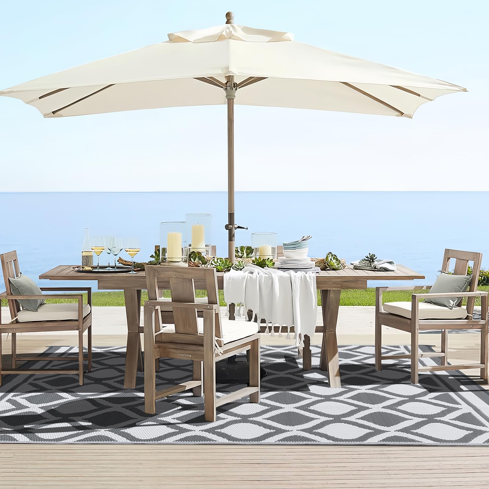 VK·LIVING Grand Tapis d'Extérieur pour Patios Imperméable 180X270cm Tapis de Jardin Réversible Tapis de Sol en Léger Tapis de Patio Pliable et Portable pour Balcon Camping Cour RV Plage Gris&Blanc