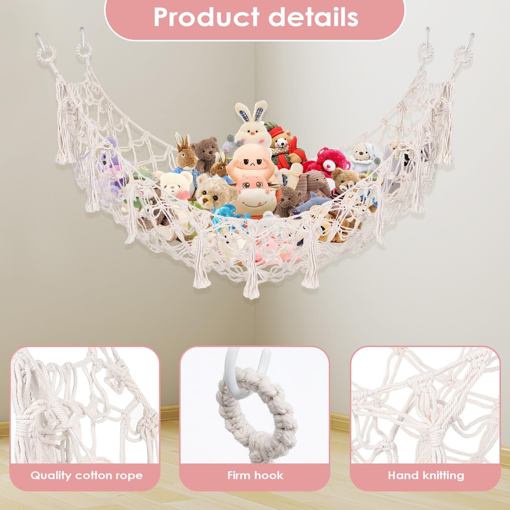 Hamac Carré en Macramé Bohème pour Animaux en Peluche, Filet de Rangement Mural en Coton, Blanc