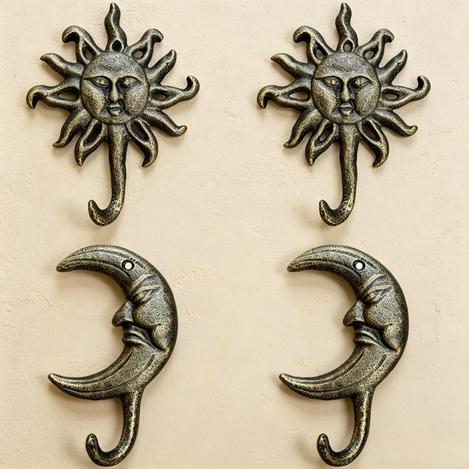4 Pack Sun Moon Cast Iron Hooks, Vintage Rustic Heavy-Duty Decor Wall Hooks for Coat Towel Key, Bathroom Indoor & Outdoor Garden Decor