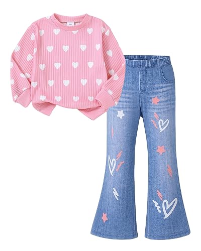 Yhnslsf Girls Clothes Little Girl 2 Piece Outfit Kids Clothing Sets 3-8Y | Fall Winter Ribbed Sweatshirt Tops Flare Jean Toddler Outfits for Girls,Trendy Bell Bottom Pants Set,Back to School Clothes