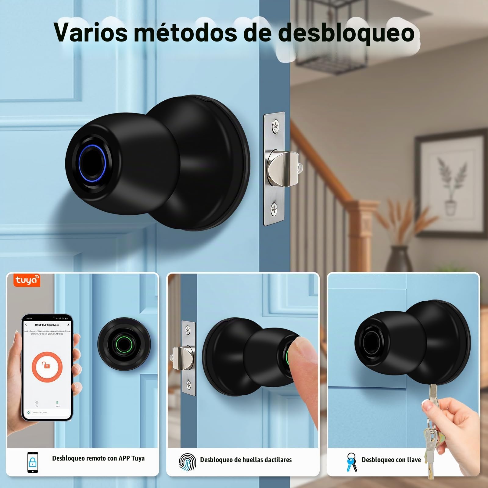 Cerradura de Puerta Inteligente con Huella Dactilar, Manija de Puerta 4-en-1 con Huella Dactilar, con Control por App y Llave Tipo-C, Manija de Puerta Biométrica con Cerradura, Adecuada para