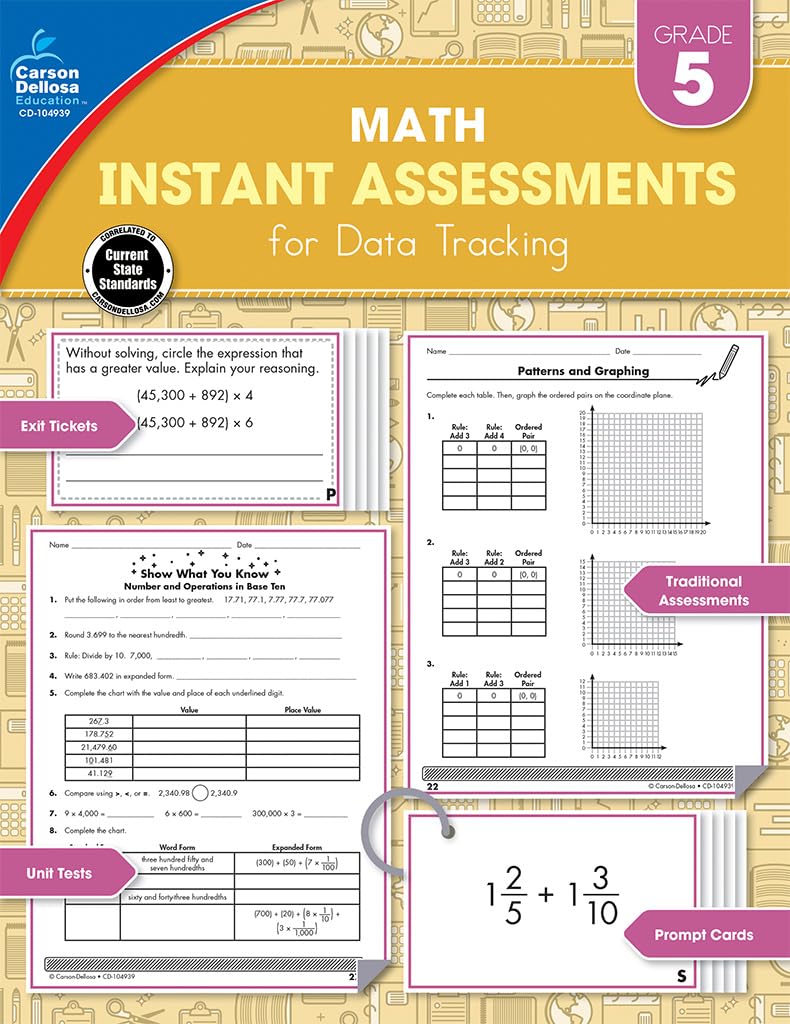 Carson Dellosa Instant Assessments for Data Tracking Book, 5th Grade Math Tests Covering Algebra, Decimals, Fractions, Geometry, and More, Classroom or Homeschool Curriculum