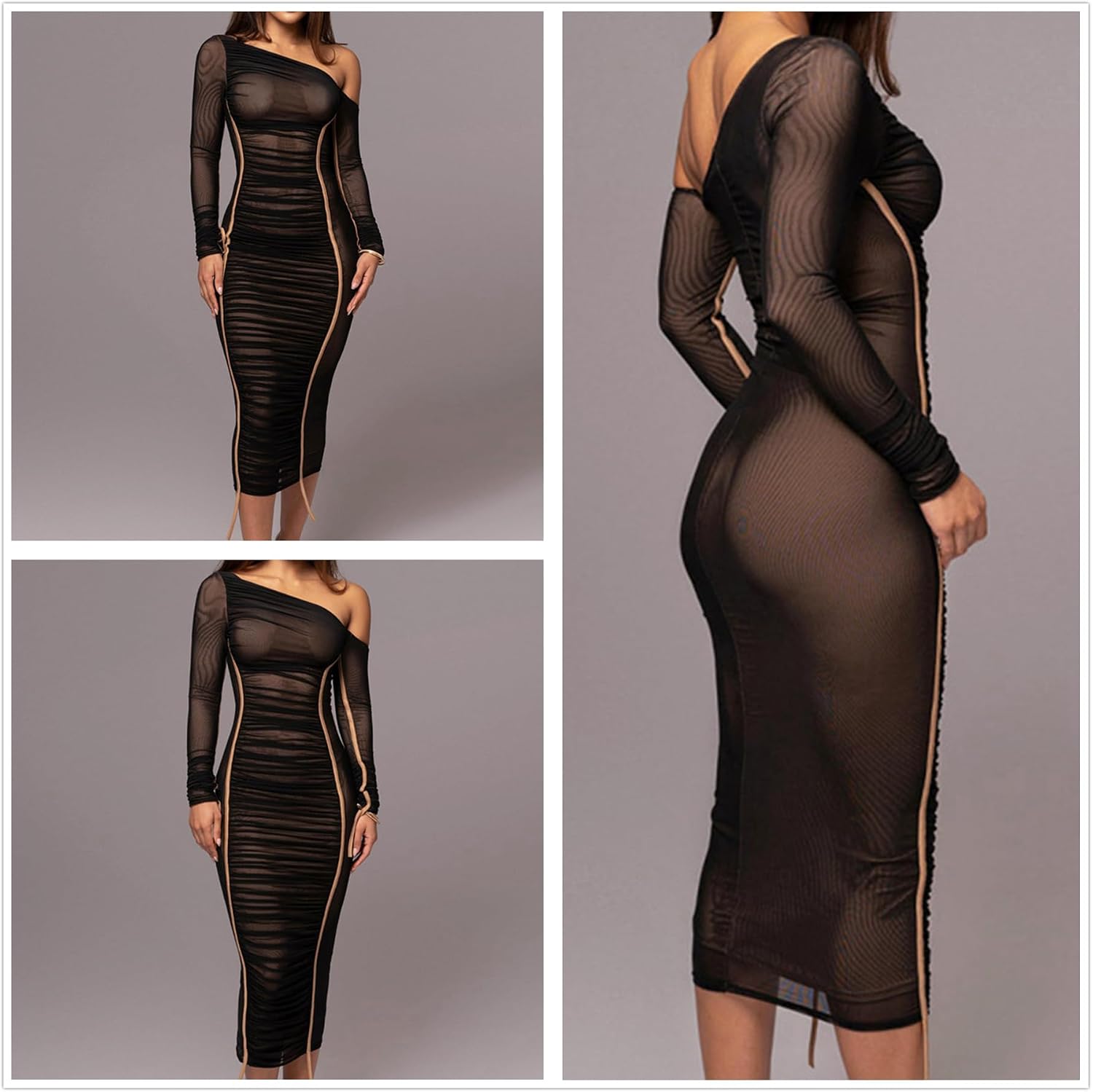 MINGSEECESS Women's Elegant One Shoulder Mesh Sheer Long Sleeve Ruched Party Bodycon Long Midi Dress