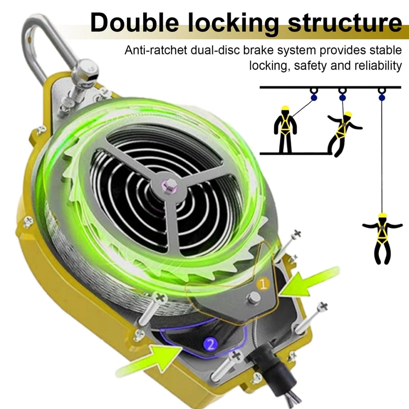 Dispositivo Anticaduta Retrattile Certificato 3-20m(Giallo,5 Metri) | 150kg Imbracatura di Sicurezza Anticaduta Tetto, Verde/Giallo Dispositivo Anticaduta Tetto, Ponteggista e Lavoro Aereo