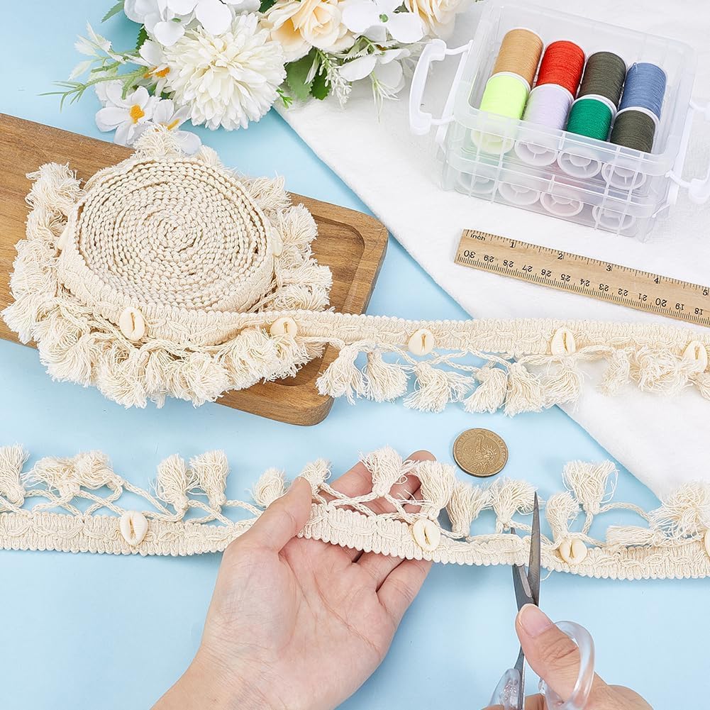 PH PandaHall 5 Yards Tassel Fringe Trim Shell Cotton Tassel Trim, 2 inch Boho Sewing Lace Fabric Trims Crochet Lace Ribbon Shell Fringe Trim Braid for Curtain Dress Clothes Home Decor DIY Crafts