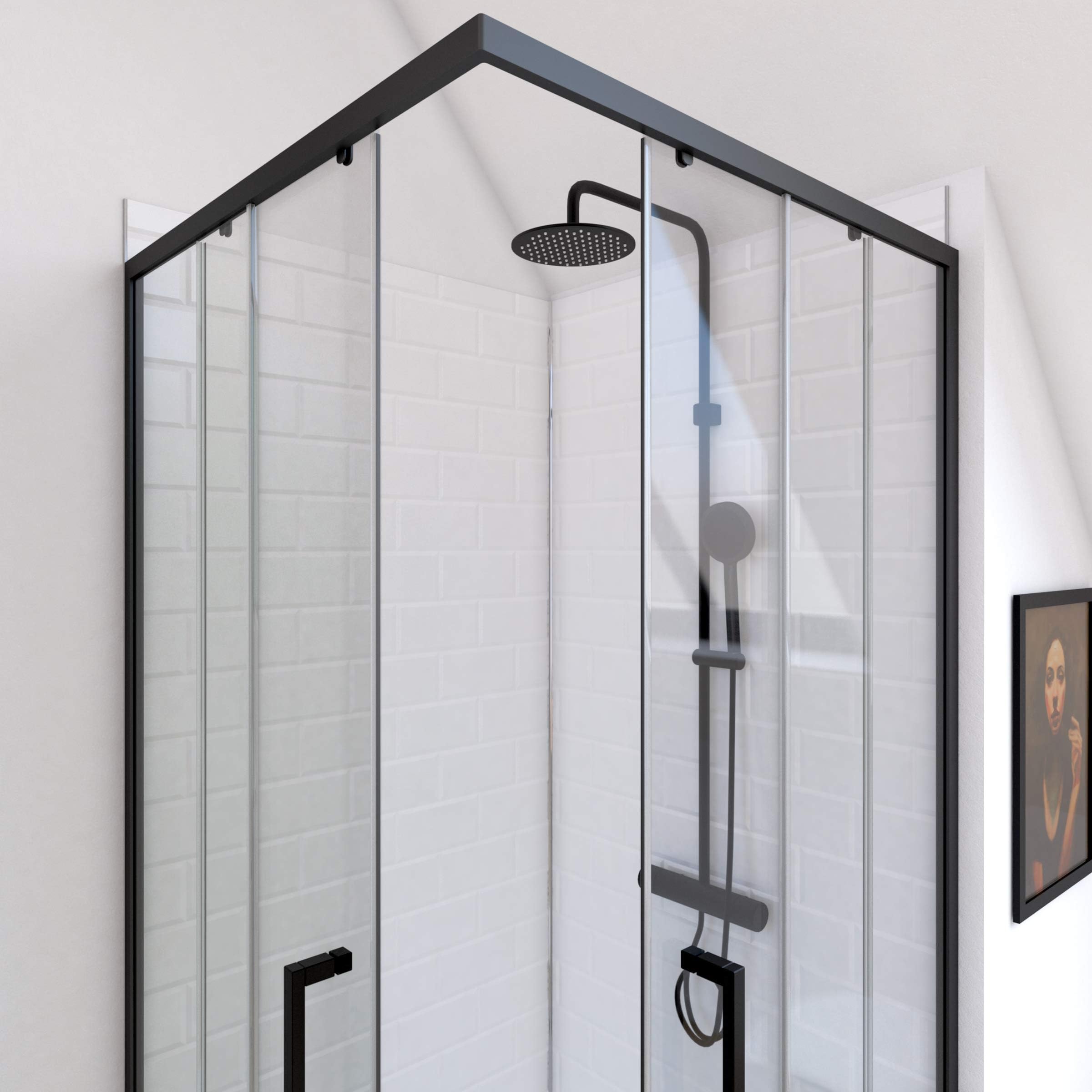MARWELL Factory kabina prysznicowa 90 x 90 x 200 cm – prysznic narożny z matową ramą aluminiową w kolorze czarnym – kabina prysznicowa z drzwiami przesuwnymi