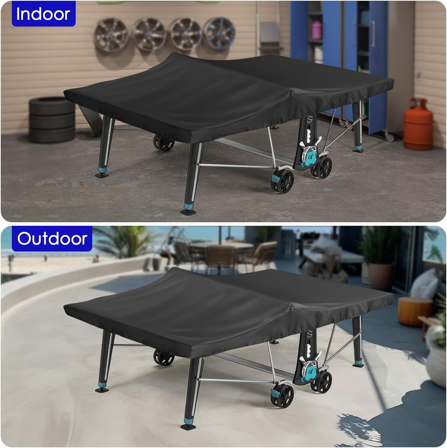 Saking Ping Pong Table Cover Waterproof, 600D Heavy-Duty Table Tennis Cover Waterproof for Outdoor & Indoor All-Weather Protection, 111"L x 61"W x 8"H, Black