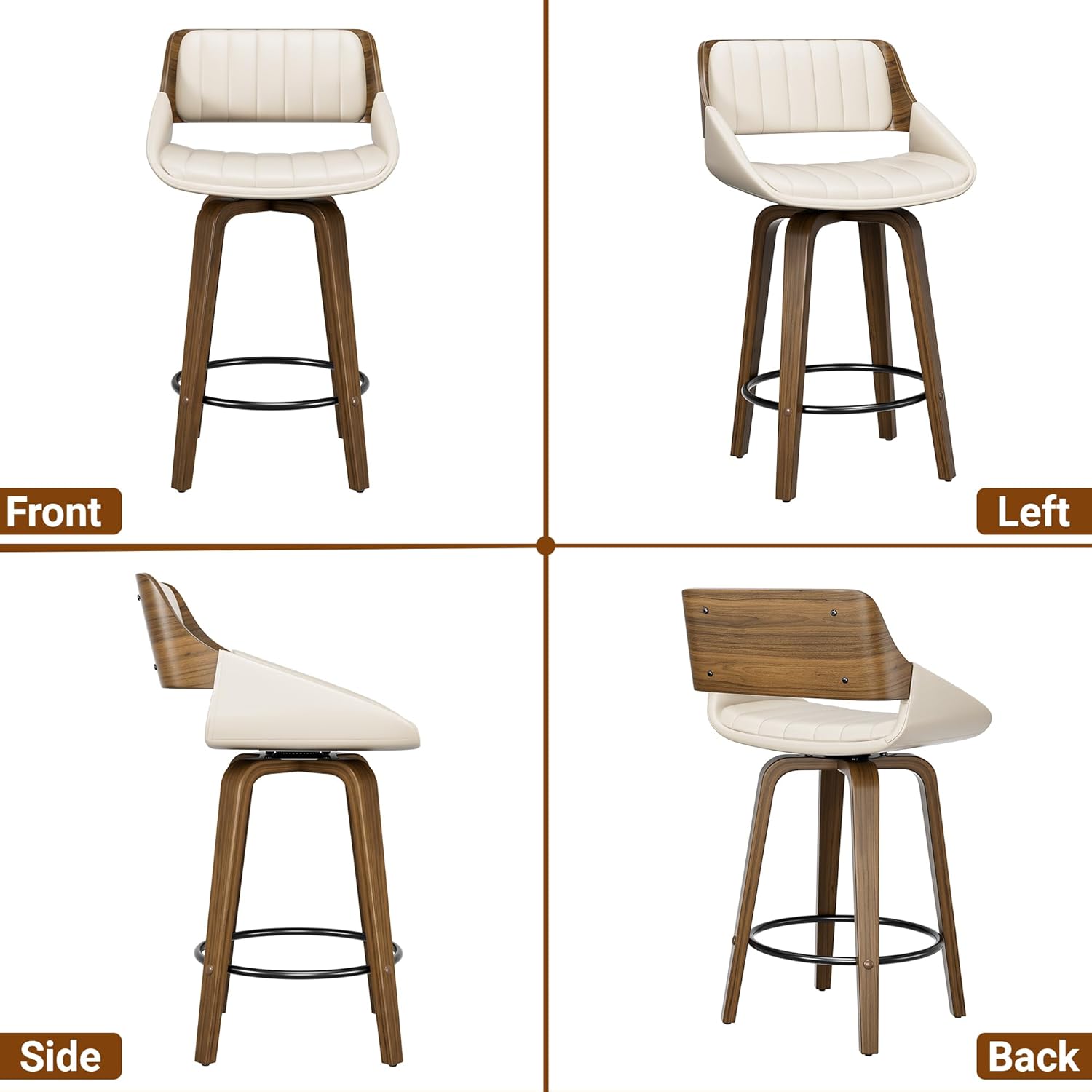 Bar Stools Set of 4, 26" Swivel Counter Height Barstools with Bentwood Back and Legs, Mid Century Modern Upholstered Faux Leather Counter Stools for Kitchen Island, Dining Room, Cream White Cream White Set of 4